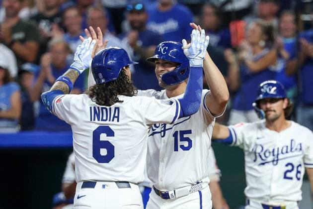 August 12, 2025: Kansas City Royals second baseman Jonathan India (6) and right fielder Randal Grichuk (15) celebrate India s two run home run during the sixth inning at Kauffman Stadium in Kansas City, MO. CSM Kansas City United States of America - ZUMAc04_ 20250812_zma_c04_076 Copyright: xDavidxSmithx