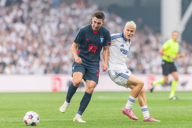 FC Copenhagen v Malmo FF, UEFA Champions League qualification, Copenhagen, Denmark Copenhagen, Denmark. 12th, August 2025. Lasse Berg Johnsen (23) of Malmo FF and Magnus Mattsson (8) of FC Copenhagen seen during the UEFA Champions League qualification match between FC Copenhagen and Malmo FF at Parken in Copenhagen. Denmark, Copenhagen  Copyright: xGonzalesxPhoto DejanxObretkovicx