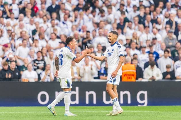 FC Copenhagen v Malmo FF, UEFA Champions League qualification, Copenhagen, Denmark Copenhagen, Denmark. 12th, August 2025. Robert Silva (16) of FC Copenhagen scores for 2-0 and seen in celebration with Gabriel Pereira (5) during the UEFA Champions League qualification match between FC Copenhagen and Malmo FF at Parken in Copenhagen. Denmark, Copenhagen  Copyright: xGonzalesxPhoto DejanxObretkovicx