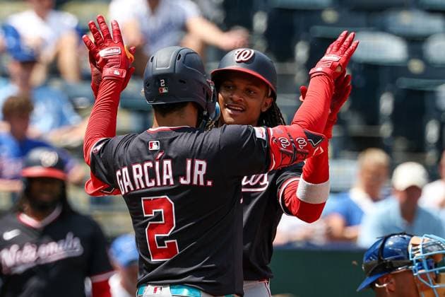 August 13, 2025: Washington Nationals shortstop CJ Abrams (5) and second baseman Luis Garcia Jr. (2) celebrate Abrams solo home run during the fourth inning against the Kansas City Royals at Kauffman Stadium in Kansas City, MO. CSM Kansas City United States of America - ZUMAc04_ 20250813_zma_c04_041 Copyright: xDavidxSmithx