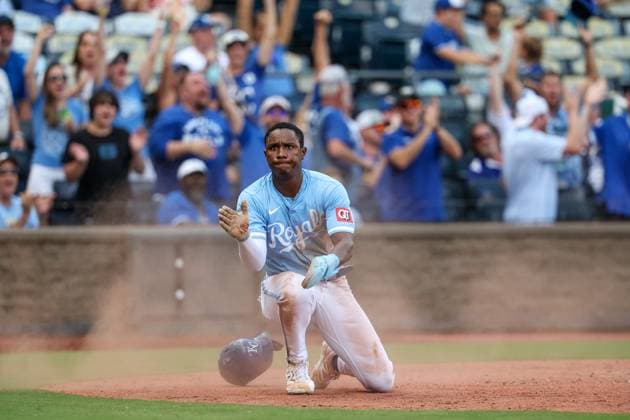 August 13, 2025: Kansas City Royals second baseman Tyler Tolbert (2) reacts to scoring the tying run during the eighth inning against the Washington Nationals at Kauffman Stadium in Kansas City, MO. CSM Kansas City United States of America - ZUMAc04_ 20250813_zma_c04_163 Copyright: xDavidxSmithx