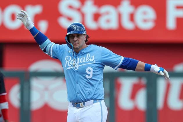 August 13, 2025: Kansas City Royals first baseman Vinnie Pasquantino (9) reacts to his eighth inning double against the Washington Nationals at Kauffman Stadium in Kansas City, MO. CSM Kansas City United States of America - ZUMAc04_ 20250813_zma_c04_159 Copyright: xDavidxSmithx