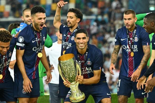CALCIO - UEFA Super Cup - Paris Saint-Germain FC vs Tottenham Hotspur FC Achraf Hakimi of Paris Saint-Germain F.C. celebrate the vicroty of the UEFA Super Cup 2025 match between Paris Saint-Germain F.C. and Tottenham Hotspur F.C. at Friuli Stadium on August 13, 2025 in Udine, Italy. Udine Italy  Copyright: xIPAxSport ABACAx