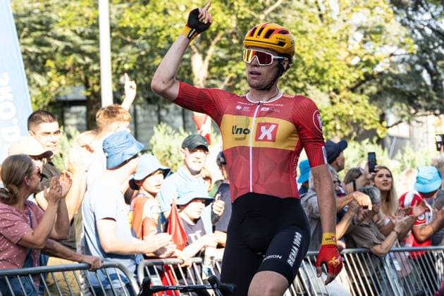 PostNord Danmark Rundt 2025 Stage 2 in Gladsaxe, Denmark - 13 Aug 2025 Søren Wærenskjold of Norway and Uno-X Mobility celebrates as he crosses the finish line to win 2 stage of PostNord Danmark Rundt 2025. The second stage of the PostNord Danmark Rundt 2025 cycling race starts in Rødovre and finishes in Gladsaxe. Gladsaxe Denmark Copyright: xKristianxTuxenxLadegaardxBergx xSOPAxImagesx 13_08_2025_KTLB_PNDKR25_08