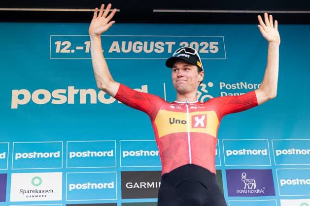 PostNord Danmark Rundt 2025 Stage 2 in Gladsaxe, Denmark - 13 Aug 2025 Søren Wærenskjold of Norway and Uno-X Mobility celebrates on the podium after winning 2 stage of PostNord Danmark Rundt 2025. The second stage of the PostNord Danmark Rundt 2025 cycling race starts in Rødovre and finishes in Gladsaxe. Gladsaxe Denmark Copyright: xKristianxTuxenxLadegaardxBergx xSOPAxImagesx 13_08_2025_KTLB_PNDKR25_09