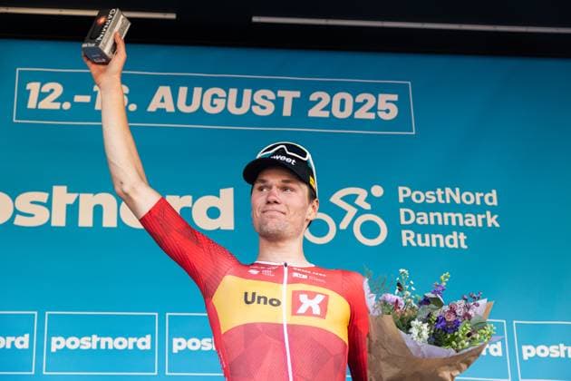 PostNord Danmark Rundt 2025 Stage 2 in Gladsaxe, Denmark - 13 Aug 2025 Søren Wærenskjold of Norway and Uno-X Mobility celebrates on the podium after winning 2 stage of PostNord Danmark Rundt 2025. The second stage of the PostNord Danmark Rundt 2025 cycling race starts in Rødovre and finishes in Gladsaxe. Gladsaxe Denmark Copyright: xKristianxTuxenxLadegaardxBergx xSOPAxImagesx 13_08_2025_KTLB_PNDKR25_10