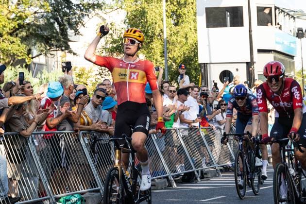 August 13, 2025, Gladsaxe, Denmark: Soren Waerenskjold of Norway and Uno-X Mobility celebrates as he crosses the finish line to win 2 stage of PostNord Danmark Rundt 2025. The second stage of the PostNord Danmark Rundt 2025 cycling race starts in Rodovre and finishes in Gladsaxe. Gladsaxe Denmark - ZUMAs197 20250813_aaa_s197_038 Copyright: xKristianxTuxenxLadegaardxBergx