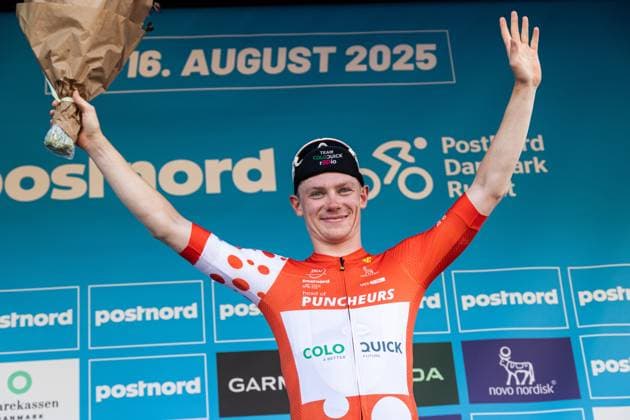 August 13, 2025, Gladsaxe, Denmark: Conrad Haugsted of Denmark and Team ColoQuick celebrates on the podium with the hill jersey after 2 stage of PostNord Danmark Rundt 2025. The second stage of the PostNord Danmark Rundt 2025 cycling race starts in Rodovre and finishes in Gladsaxe. Gladsaxe Denmark - ZUMAs197 20250813_aaa_s197_097 Copyright: xKristianxTuxenxLadegaardxBergx