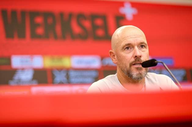 14 08 2025, Football, DFB Pokal, Press conference Bayer 04 Leverkusen in the BayArena, Season 2025 2026 Head coach Erik ten Hag before the away match at SG Sonnenhof Großaspach DFB regulations prohibit any use of photographs as image sequences and or quasi video North Rhine-Westphalia Germany