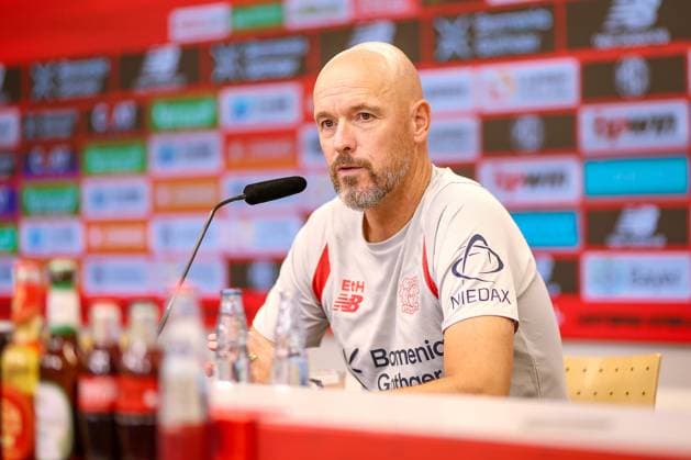 14 08 2025, Football, DFB Pokal, Press conference Bayer 04 Leverkusen in the BayArena, Season 2025 2026 Head coach Erik ten Hag before the away match at SG Sonnenhof Großaspach DFB regulations prohibit any use of photographs as image sequences and or quasi video North Rhine-Westphalia Germany