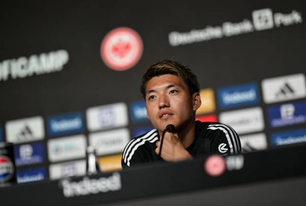 14 08 2025, xjhx, Football 1 Bundesliga, Eintracht Frankfurt Press Conference Ritsu Doan v l Ritsu Doan Eintracht Frankfurt Frankfurt am Main