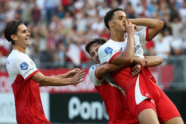 UTRECHT , 14-08-2025 , stadium Galgenwaard , season 2025 2026 , UEFA Europa League football , Third qualifying round 2nd leg , match between FC Utrecht and Servette , picture shows Utrecht celebrating the 1-0 of FC Utrecht player Adrian Blake, goal canceled due handball Utrecht - Servette  x30499561x Copyright: