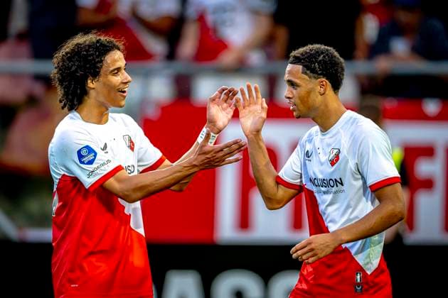 FC Utrecht forward Miguel Rodriguez celebrating the goal of FC Utrecht forward Adrian Blake during the match Utrecht Servette at the Galgenwaard stadium for the UEFA Europa League Third qualifying round 2nd leg season 2025 2026 in UTRECHT, Netherlands on 14 august 2025, photo by Marcel van Dorst EYE4images DeFodi Images