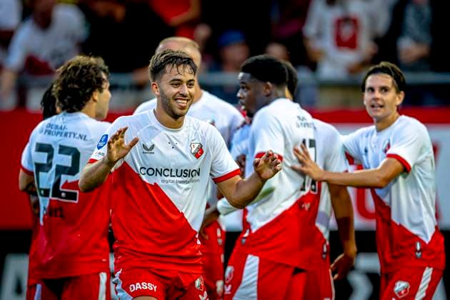 FC Utrecht defender Souffian El Karouani celebrating the goal of FC Utrecht forward Adrian Blake during the match Utrecht Servette at the Galgenwaard stadium for the UEFA Europa League Third qualifying round 2nd leg season 2025 2026 in UTRECHT, Netherlands on 14 august 2025, photo by Marcel van Dorst EYE4images DeFodi Images