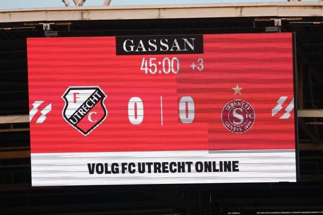 UTRECHT , 14-08-2025 , stadium Galgenwaard , season 2025 2026 , UEFA Europa League football , Third qualifying round 2nd leg , match between FC Utrecht and Servette , picture shows scorebord, 0-0 score, halftime Utrecht - Servette  x30499731x Copyright: