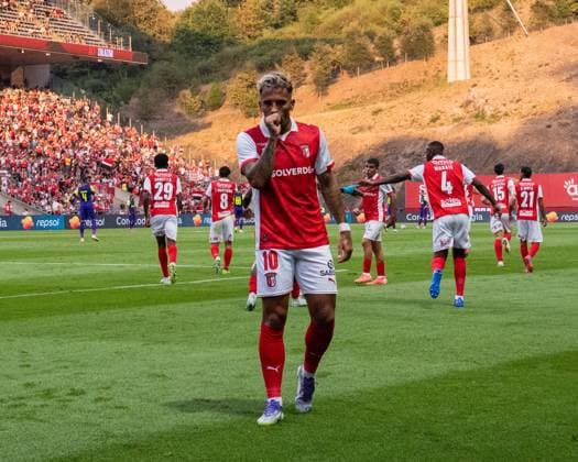 August 14, 2025, Braga, Braga, Portugal: RODRIGO ZALAZAR from SC Braga seen celebrating his goal during the UEFA Europe League 2025 26 Playoff round match between SC Braga and CFR Cluj at Estadio Municipal de Braga on August 14, 2025 in Braga, Portugal. Braga Portugal - ZUMAl192 20250814_zsp_l192_025 Copyright: xMiguelxLemosx