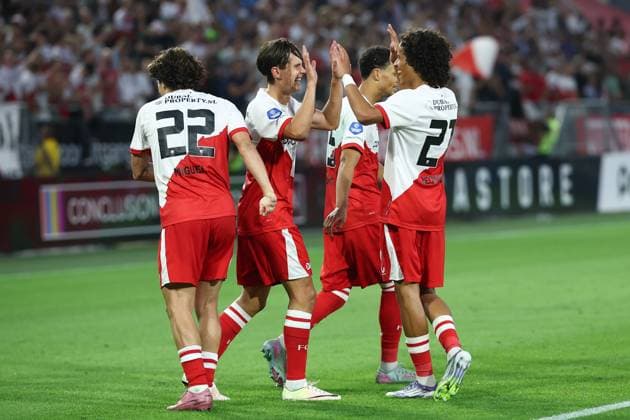 UTRECHT , 14-08-2025 , stadium Galgenwaard , season 2025 2026 , UEFA Europa League football , Third qualifying round 2nd leg , match between FC Utrecht and Servette , picture shows FC Utrecht player Victor Jensen, FC Utrecht player Gjivai Zechiel celebrating the 1-0 Utrecht - Servette  x30500040x Copyright: