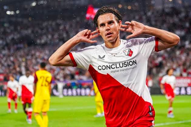 2025-08-14 FC Utrecht v Servette FC - UEFA Europa League 2025 26 Third Qualifying Round Second Leg UTRECHT, NETHERLANDS - AUGUST 14: Victor Jensen of FC Utrecht celebrates after scoring his teams first goal during the UEFA Europa League 2025 26 Third Qualifying Round Second Leg match between FC Utrecht and Servette FC at Stadion Galgenwaard on August 14, 2025 in Utrecht, Netherlands. Utrecht Stadion Galgenwaard Netherlands Content not available for redistribution in The Netherlands directly or indirectly through any third parties. Copyright: xJorisxVerwijstx