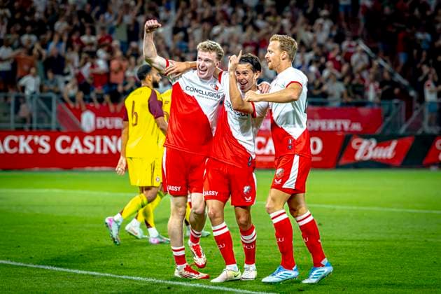 FC Utrecht midfielder Victor Jensen scores the 2 0 and celebrating the goal during the match Utrecht Servette at the Galgenwaard stadium for the UEFA Europa League Third qualifying round 2nd leg season 2025 2026 in UTRECHT, Netherlands on 14 august 2025, photo by Marcel van Dorst EYE4images DeFodi Images