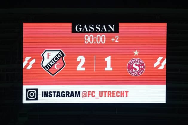 UTRECHT , 14-08-2025 , stadium Galgenwaard , season 2025 2026 , UEFA Europa League football , Third qualifying round 2nd leg , match between FC Utrecht and Servette , picture shows 2-1 final score, scoreboard, full time score Utrecht - Servette  x30500815x Copyright: