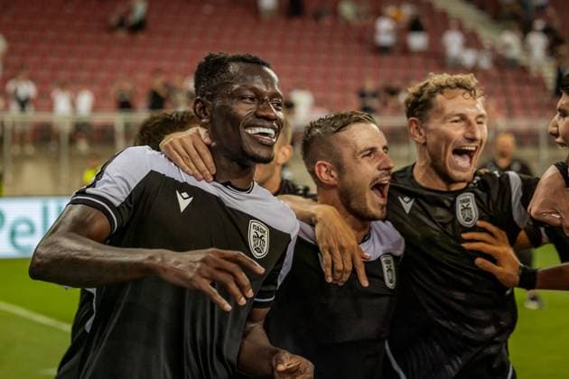 SOCCER - UEFA EL, WAC vs PAOK KLAGENFURT,AUSTRIA,14.AUG.25 - SOCCER - UEFA Europa League, qualification, Wolfsberger AC vs PAOK Thessaloniki. Image shows the rejoicing of PAOK Thessaloniki.  GEPAxpictures xMatthiasxTrinkl