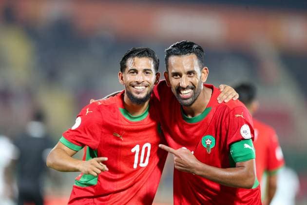 RECORD DATE NOT STATED NAIROBI, KENYA - AUGUST 14: Morrocco Sabir Bougrine celebrates his goal with teammate Mohamed Rabie against Zambia during the 2025 CAF African Nations Championship match (Chan) between Morocco and Zambia at Nyayo Stadium on August 14, 2025 in Nyayo, Kenya. Photo by Tracy Benta Copyright: xx