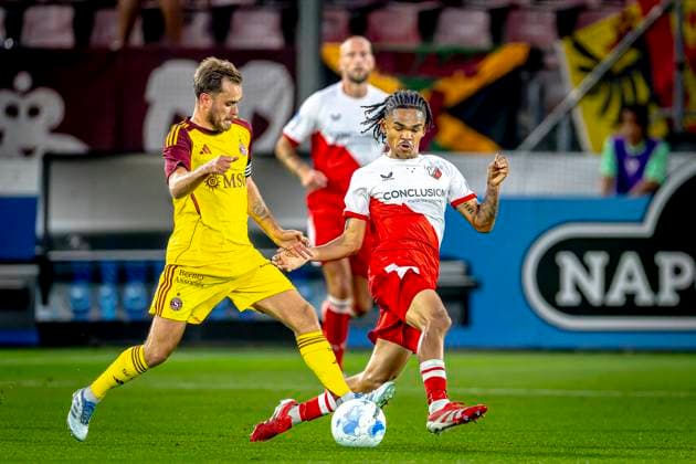 Servette FC midfielder Thimothe Cognat, FC Utrecht midfielder Alonzo Engwanda during the match Utrecht Servette at the Galgenwaard stadium for the UEFA Europa League Third qualifying round 2nd leg season 2025 2026 in UTRECHT, Netherlands on 14 august 2025, photo by Marcel van Dorst EYE4images DeFodi Images