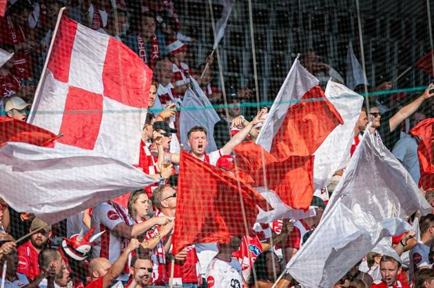 FC Midtjylland v Fredrikstad, UEFA Europa League qualification, Herning, Denmark Herning, Denmark. 14th, August 2025. Football fans of Fredrikstad seen on the stands at the UEFA Europa League qualification match between FC Midtjylland and Fredrikstad at MCH Arena in Herning. Denmark, Herning  Copyright: xGonzalesxPhoto MortenxKjaerx