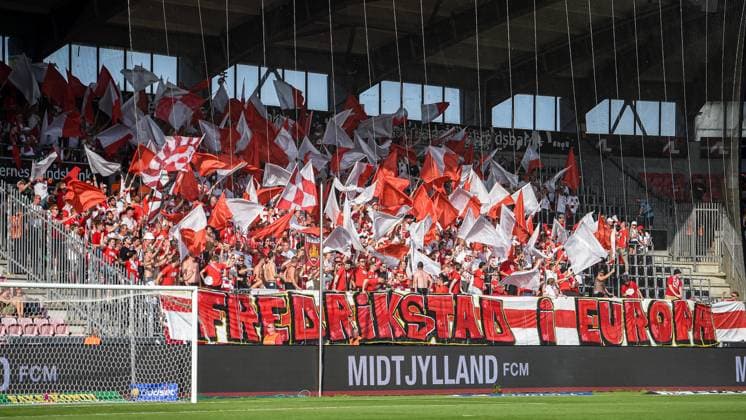 FC Midtjylland v Fredrikstad, UEFA Europa League qualification, Herning, Denmark Herning, Denmark. 14th, August 2025. Football fans of Fredrikstad seen on the stands at the UEFA Europa League qualification match between FC Midtjylland and Fredrikstad at MCH Arena in Herning. Denmark, Herning  Copyright: xGonzalesxPhoto MortenxKjaerx