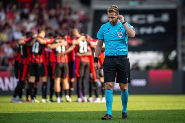 FC Midtjylland v Fredrikstad, UEFA Europa League qualification, Herning, Denmark Herning, Denmark. 14th, August 2025. Referee Julian Weinberger seen during the UEFA Europa League qualification match between FC Midtjylland and Fredrikstad at MCH Arena in Herning. Denmark, Herning  Copyright: xGonzalesxPhoto MortenxKjaerx
