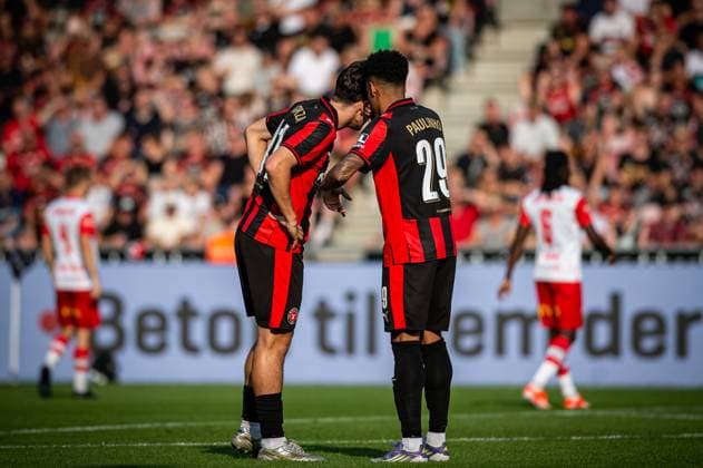 FC Midtjylland v Fredrikstad, UEFA Europa League qualification, Herning, Denmark Herning, Denmark. 14th, August 2025. Mikel Gogorza (L) and Paulinho (29) of FC Midtjylland seen during the UEFA Europa League qualification match between FC Midtjylland and Fredrikstad at MCH Arena in Herning. Denmark, Herning  Copyright: xGonzalesxPhoto MortenxKjaerx