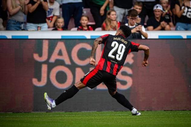 FC Midtjylland v Fredrikstad, UEFA Europa League qualification, Herning, Denmark Herning, Denmark. 14th, August 2025. Paulinho (29) of FC Midtjylland scores for 2-0 during the UEFA Europa League qualification match between FC Midtjylland and Fredrikstad at MCH Arena in Herning. Denmark, Herning  Copyright: xGonzalesxPhoto MortenxKjaerx