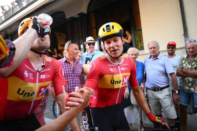 Circuit Franco Belge 2025 Cycling Race MONT-DE-L ENCLUS, BELGIUM - AUGUST 15 : Abrahamsen Jonas (NOR) of Uno-X Mobility celebrating his victory during the 84 edition of Circuit Franco Belge an UCI ProSeries 1.Pro one day cycling road race for Men Elite of 206.7 km with start in Tournai and finish in Mont-de-L enclus on August 15, 2025 in Mont-de-L enclus, Belgium, 15 08 2025 ( Motordriver Guy De Vuyst - Mont-de-L enclus Belgium  Copyright: xGvgx