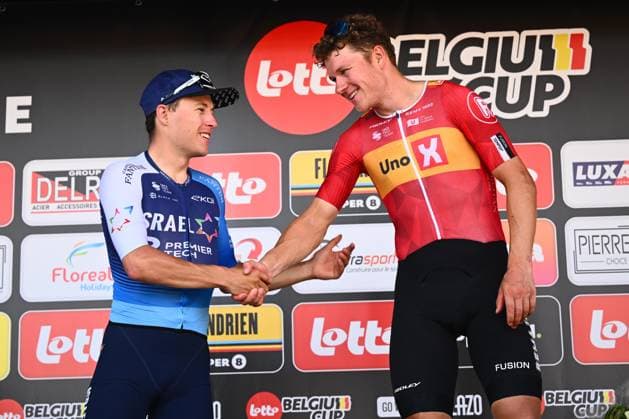 Circuit Franco Belge 2025 Cycling Race MONT-DE-L ENCLUS, BELGIUM - AUGUST 15 : Strong Corbin (USA) of Israel - Premier Tech, Abrahamsen Jonas (NOR) of Uno-X Mobility on the podium during the 84 edition of Circuit Franco Belge an UCI ProSeries 1.Pro one day cycling road race for Men Elite of 206.7 km with start in Tournai and finish in Mont-de-L enclus on August 15, 2025 in Mont-de-L enclus, Belgium, 15 08 2025 ( Motordriver Guy De Vuyst - Mont-de-L enclus Belgium  Copyright: xGvgx