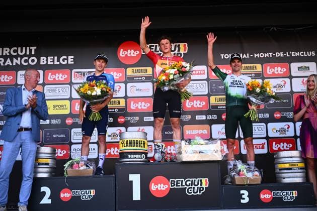 Circuit Franco Belge 2025 Cycling Race MONT-DE-L ENCLUS, BELGIUM - AUGUST 15 : Prades Eduard (ESP) of Caja Rural - Seguros RGA, Strong Corbin (USA) of Israel - Premier Tech, Abrahamsen Jonas (NOR) of Uno-X Mobility on the podium during the 84 edition of Circuit Franco Belge an UCI ProSeries 1.Pro one day cycling road race for Men Elite of 206.7 km with start in Tournai and finish in Mont-de-L enclus on August 15, 2025 in Mont-de-L enclus, Belgium, 15 08 2025 ( Motordriver Guy De Vuyst - Mont-de-L enclus Belgium  Copyright: xGvgx