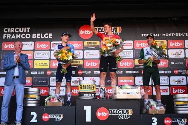 Circuit Franco Belge 2025 Cycling Race MONT-DE-L ENCLUS, BELGIUM - AUGUST 15 : Prades Eduard (ESP) of Caja Rural - Seguros RGA, Strong Corbin (USA) of Israel - Premier Tech, Abrahamsen Jonas (NOR) of Uno-X Mobility on the podium during the 84 edition of Circuit Franco Belge an UCI ProSeries 1.Pro one day cycling road race for Men Elite of 206.7 km with start in Tournai and finish in Mont-de-L enclus on August 15, 2025 in Mont-de-L enclus, Belgium, 15 08 2025 ( Motordriver Guy De Vuyst - Mont-de-L enclus Belgium  Copyright: xGvgx