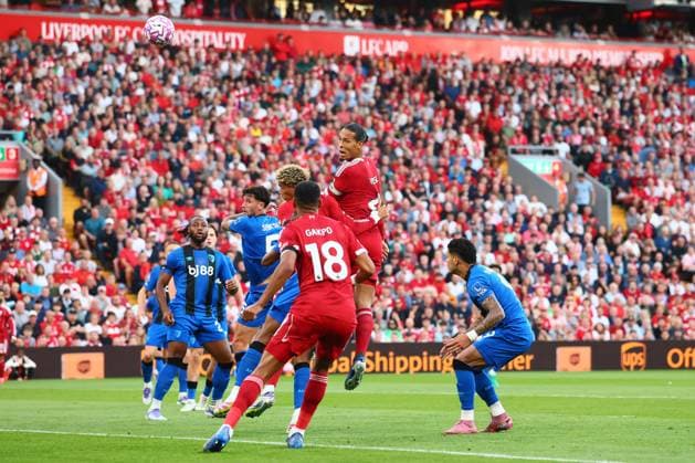 Virgil van Dijk of Liverpool heads at goal Liverpool v AFC Bournemouth, Premier League, Football, Anfield, Liverpool, UK - 15 Aug 2025Liverpool Anfield United Kingdom EDITORIAL USE ONLY No use with unauthorised audio, video, data, fixture lists, club league logos or live services. Online in-match use limited to 120 images, no video emulation. No use in betting, games or single club league player publications. Copyright: xPaulxCurrie Shutterstockx 15438038cl