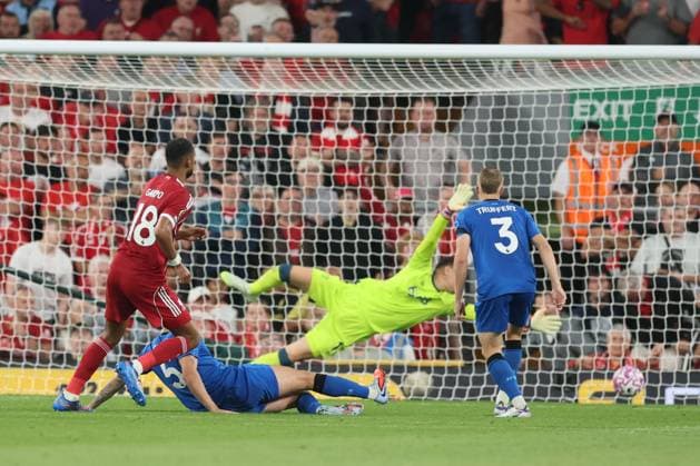 Cody Gakpo of Liverpool scores to make it 2-0 and celebrates Liverpool v AFC Bournemouth, Premier League, Football, Anfield, Liverpool, UK - 15 Aug 2025Liverpool Anfield United Kingdom EDITORIAL USE ONLY No use with unauthorised audio, video, data, fixture lists, club league logos or live services. Online in-match use limited to 120 images, no video emulation. No use in betting, games or single club league player publications. Copyright: xPaulxCurrie Shutterstockx 15438038ef