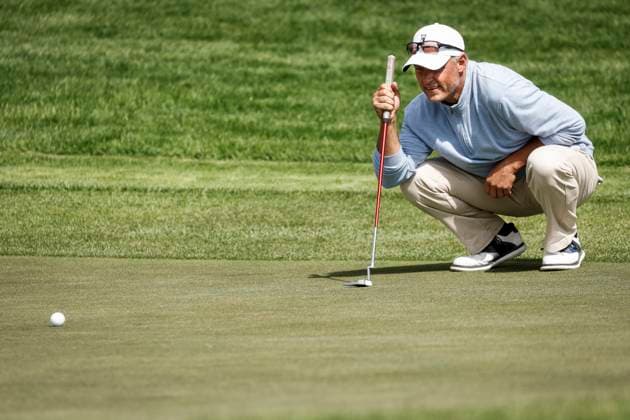 August 15, 2025, Calgary, Ab, CANADA: Canada s Wes Martin lines up a putt on the 18th green during the PGA, Golf Herren Tour Champions golf event in Calgary, Alta., Friday, Aug. 15, 2025. Wes Martin  - ZUMAc35_ 20250815_zaf_c35_160 Copyright: xJeffxMcintoshx