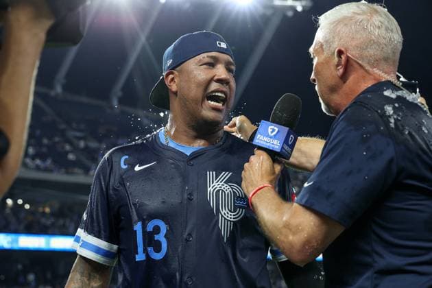 August 15, 2025: Kansas City Royals catcher Salvador Perez (13) is interviewed by broadcaster Joel Goldberg after the Royals beat the Chicago White Sox at Kauffman Stadium in Kansas City, MO. CSM Kansas City United States of America - ZUMAc04_ 20250815_zma_c04_230 Copyright: xDavidxSmithx