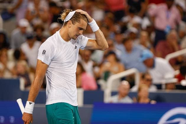 CINCINNATI, OH - AUGUST 15: Alexander Zverev of Germany reacts during the quarterfinal round of the Cincinnati Open at the Lindner Family Tennis Center on August 15, 2025 in Mason, OH. (Photo by Ian Johnson Icon Sportswire) TENNIS: AUG 15 Cincinnati Open EDITORIAL USE ONLY Icon250815014