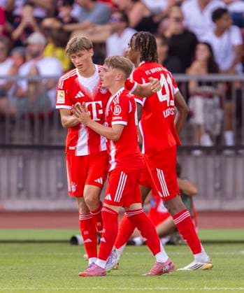 12 08 2025, Football Bundesliga 2025 2026, Friendly match, Grasshopper Club Zurich FC Bayern Munich at Letzigrund Stadium, Zurich Switzerland Goal celebration from left Magnus Dalpiaz Bayern Munich , Lennart Karl FC Bayern Munich , Jonah Kusi Asare Bayern Munich ,
