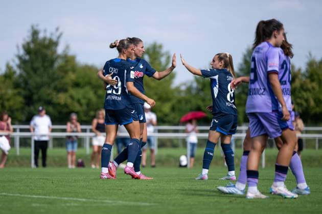 Selina Cerci TSG Hoffenheim, 29 , Melissa Koessler TSG Hoffenheim, 25 , Napsugar Sinka TSG Hoffenheim, 08 celebrate the goal for 1 0, GER, TSG 1899 Hoffenheim vs FC Basel, Soccer Womens Bundesliga Test Match, Season 2025 2026, 16 08 2025 GER, TSG 1899 Hoffenheim vs FC Basel, Soccer Womens Bundesliga Test Match, Season 2025 2026, 16 08 2025 St Leon Copyright: xEibner-Pressefoto Memmlerx EP_MMR