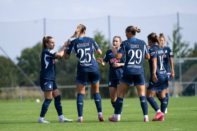 Napsugar Sinka TSG Hoffenheim, 08 , Melissa Koessler TSG Hoffenheim, 25 , Janna Grimm TSG Hoffenheim, 26 , Selina Cerci TSG Hoffenheim, 29 , Dominika Grabowska TSG Hoffenheim, 16 celebrate the goal for 2 0, GER, TSG 1899 Hoffenheim vs FC Basel, Soccer Womens Bundesliga Test Match, Season 2025 2026, 16 08 2025 GER, TSG 1899 Hoffenheim vs FC Basel, Soccer Womens Bundesliga Test Match, Season 2025 2026, 16 08 2025 St Leon Copyright: xEibner-Pressefoto Memmlerx EP_MMR