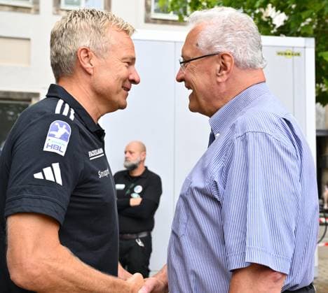 16 08 2025 Handball 1 Bundesliga Season 2025 2026 HC Erlangen HCE Event Season Opening xwoxzix Dr Carsten Bissel Chairman of the Supervisory Board of HC Erlangen Joachim Herrmann Bavarian State Minister of the Interior Bavaria