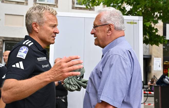 16 08 2025 Handball 1 Bundesliga Season 2025 2026 HC Erlangen HCE Event Season Opening xwoxzix Dr Carsten Bissel Chairman of the Supervisory Board of HC Erlangen Joachim Herrmann Bavarian State Minister of the Interior Bavaria