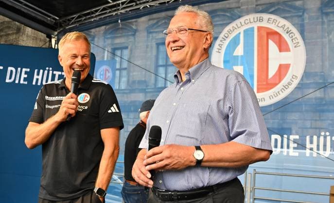 16 08 2025 Handball 1 Bundesliga Season 2025 2026 HC Erlangen HCE Event Season Opening xwoxzix Dr Carsten Bissel Chairman of the Supervisory Board of HC Erlangen Joachim Herrmann Bavarian State Minister of the Interior Bavaria