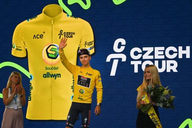 Cycling race Czech Tour - 3rd stage Prostejov - Ostrava, in Ostrava, Czech republic, on August 16, 2025. Yellow jersey holder Junior Lecerf from the Soudal Quick-Step team. (CTKxPhoto JaroslavxOzana) CTKPhotoP2025081604977  CTKPhotoP2025081604977
