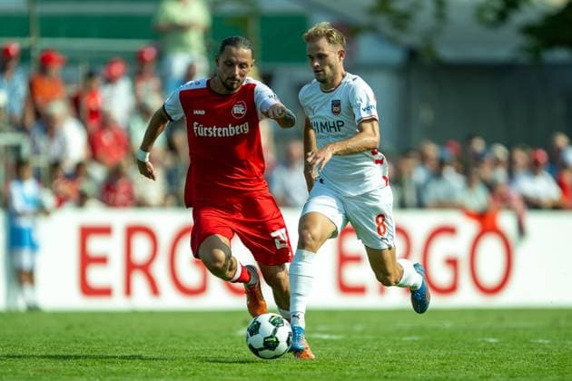 Hasan Pepic Bahlinger SC, 27 , Leonardo Scienza FC Heidenheim, 08 , GER, Bahlinger SC vs 1 FC Heidenheim, Football, DFB Pokal, 1 round, 2025 2026 season, 16 08 2025, DFL DFB REGULATIONS PROHIBIT ANY USE OF PHOTOGRAPHS AS IMAGE SEQUENCES AND OR QUASI VIDEO, GER, Bahlinger SC vs 1 FC Heidenheim, Football, DFB Cup, 1 Round, Season 2025 2026, 16 08 2025 Bahlingen Copyright: xEibner-Pressefotox EP_EER