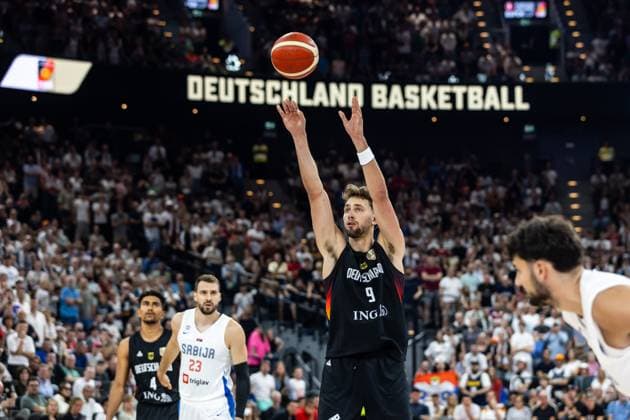 GER, Turkish Airline Supercup, Basketball, Germany Serbia 16 08 2025, SAP Garden, Munich, GER, Turkish Airline Supercup, Basketball, Germany Serbia Franz Wagner Germany, No 9 at a free throw Â Photo Alexander Trienitz Munich SAP Garden Beyern Germany